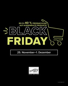 Black Friday bei Stampin’ Up! Vom 25. November bis 1. Dezember läuft zum allerersten Mal die Black Friday-Aktion bei Stampin’ Up! In diesem Zeitraum gibt es folgende Preisnachlässe: 40 % Preisnachlass auf Stampin’ Blends, Papierschneidemaschine und Klingen, Tintenpakete 25 % Preisnachlass auf ausgewählte Klebemittel 15 % Preisnachlass auf ausgewählten Farbkarton