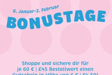 Bonustage bei Stampin' Up! Ab morgen ist es wieder soweit! Die beliebte Aktion Bonustage kehrt zurück! Vom 6. Januar bis 2. Februar 2026 kannst du nach Lust und Laune shoppen und dir Gutscheine sichern. Pro 60 € Warenwert erhältst du einen Gutschein in Höhe von 6 €. Die Gutscheine können gesammelt werden (es gibt keine Obergrenze) und im Zeitraum vom 3. bis 28. Februar 2026 über mich oder in meinem Online-Shop eingelöst werden. Die Gutscheine sind mit einem entsprechenden Code versehen und werden nur per E-Mail zugesandt. Ich wünsche dir ganz viel Spaß beim Shoppen!
